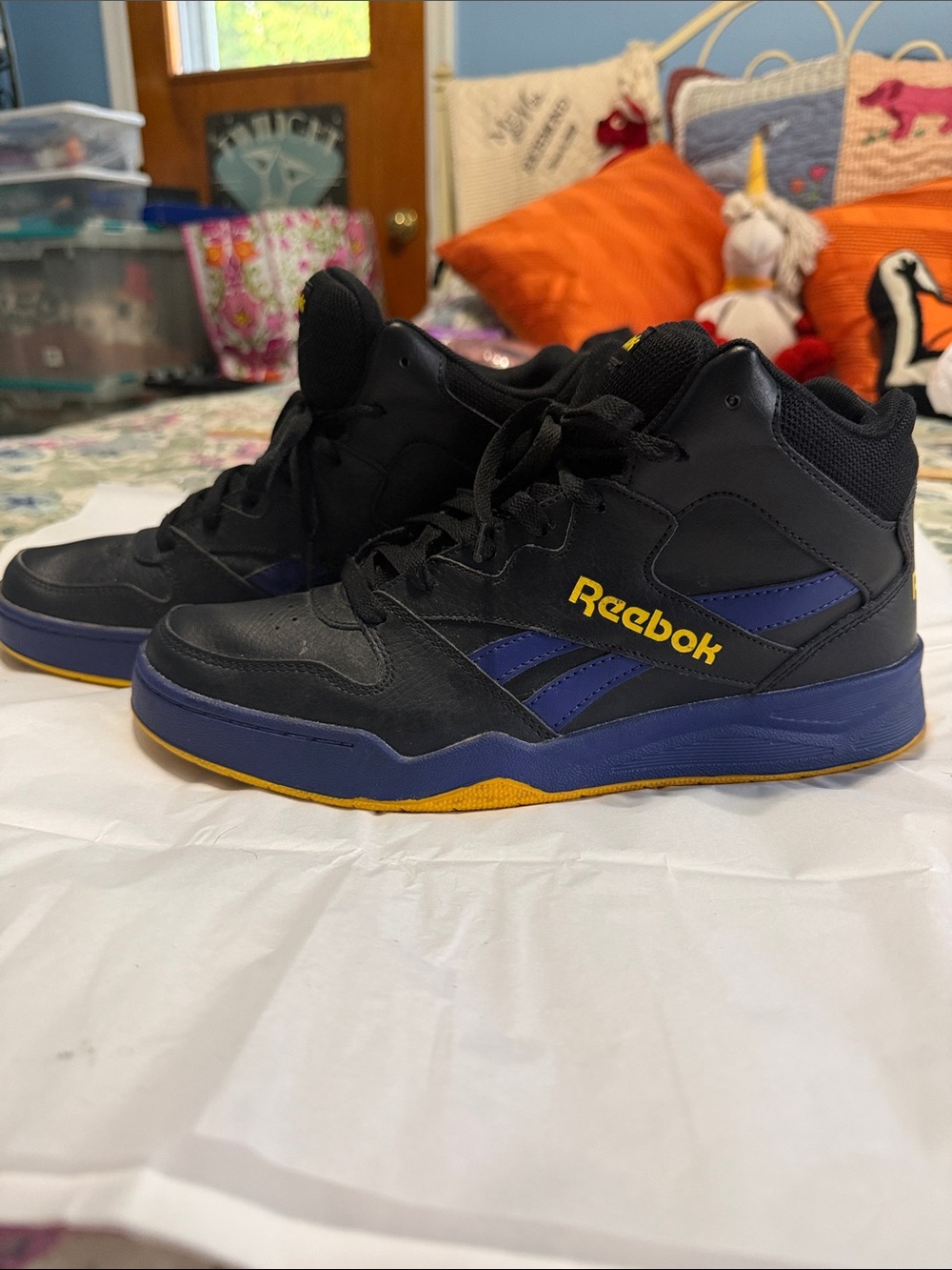 Reebok Royal BB Black, Blue & Yellow High-Top Sneakers Mens 9 1/2
